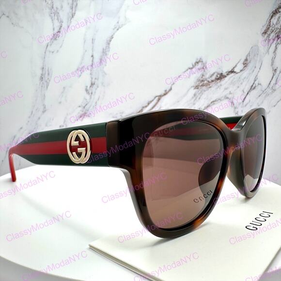 New GUCCI Sunglasses Brown Cat Eye Round Red Green Web Arms Gold GG Womens